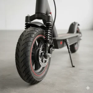 Image focusing on the solid tires and basic suspension system of a low-cost electric scooter. 