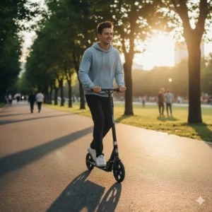 A teenager riding a high-quality 2 foot scooter through a city park.