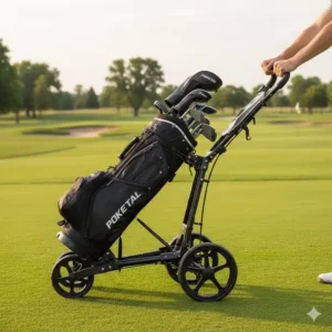 Step-by-step image demonstrating the simple unfolding of the 2 wheel golf push cart.