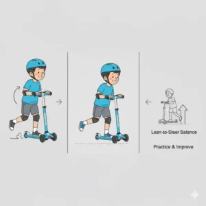 An older child demonstrating proper technique and balance while riding a new two wheel scooter for kids.