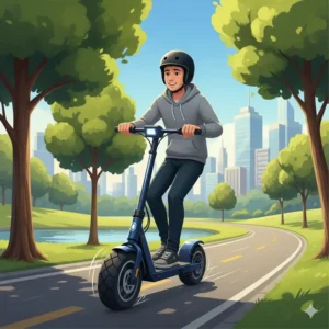 "Diverse group of riders enjoying the versatility and smooth ride of a 12 inch tire electric scooter in an urban environment."