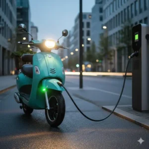 A shot of the accessible charging port and cable plugged into the 2 seater electric scooter.