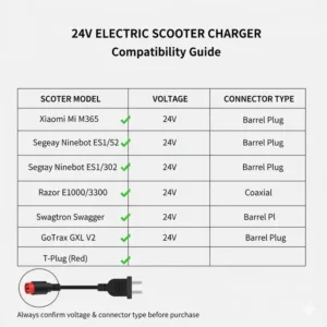 Chart showing the compatibility of this 24v electric scooter battery charger with various popular scooter models.