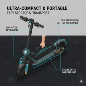 Compact and folded 30 miles per hour electric scooter, ready for easy transport and storage.