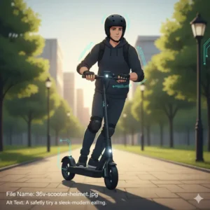 A person safely riding a 36V electric scooter wearing a helmet and safety gear.