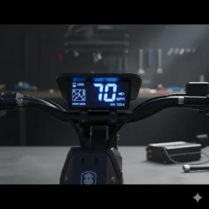 A view of a helmeted rider on the open road with a powerful 70 mph electric scooter for sale.