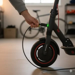 A person plugging in a charging cable to an affordable electric scooter battery port.