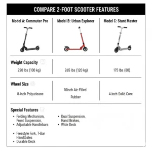 Diagram comparing key features of different models of 2 foot scooter.