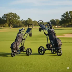 Comparison photo highlighting the sleek design of the 2 wheel golf push cart next to a larger cart.