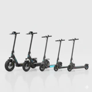 A comparison lineup of various types of 2 wheel electric scooters, including off-road and lightweight models.