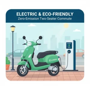 Zero-emission electric 2-seater scooter plugged into a charging station.