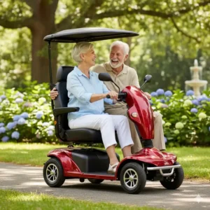 Side view showing the robust design and heavy-duty tires on the 2 seater mobility scooter.