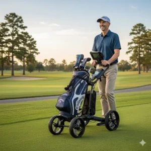 A golfer smiling while using a high-end, top-rated 3 wheel golf cart on the course, emphasizing performance and quality.