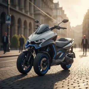 The scooter with two wheels in front utilizing its parking brake while stabilized on a slight incline.