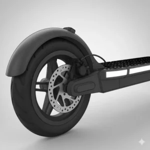 Close-up of the rear disc brake system on a 2 wheeled stand up scooter, showing its stopping power.