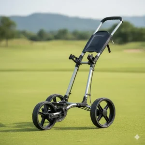 Display of the lightweight aluminum frame structure of the 2 wheel golf buggy emphasizing portability.