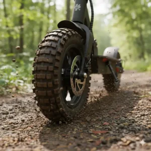 Close-up of electric scooter tires performing well in mixed terrain like mud and gravel.
