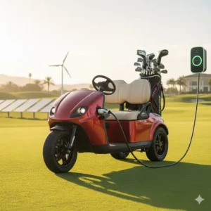 A 3 wheel electric golf cart plugged into a charging station, symbolizing its zero-emission, sustainable operation.