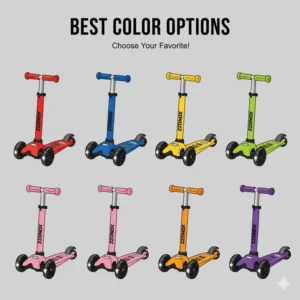Collage of different color options available for the most popular two wheel scooter for kids models.