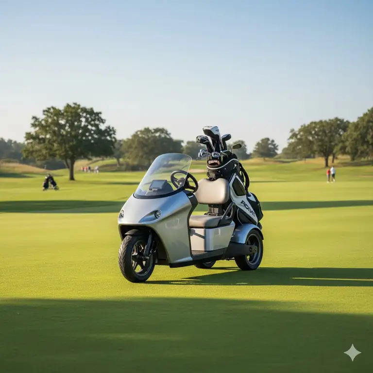 New 3-wheel electric golf buggy parked on the green, ready for a round.