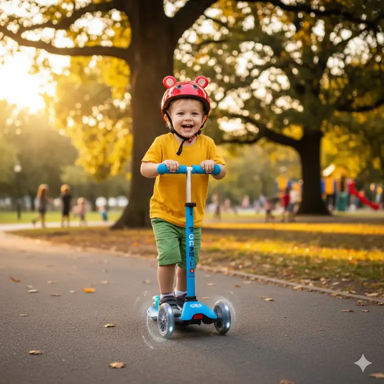 A happy two-year-old child riding their 3 wheel scooter for 2 year old in a park while wearing a helmet for safety and smiling at the camera.
