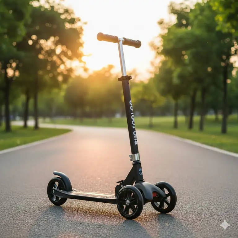 A sleek, black 3 wheel scooter foldable for adults, shown fully extended in a park setting, highlighting its design and portability.