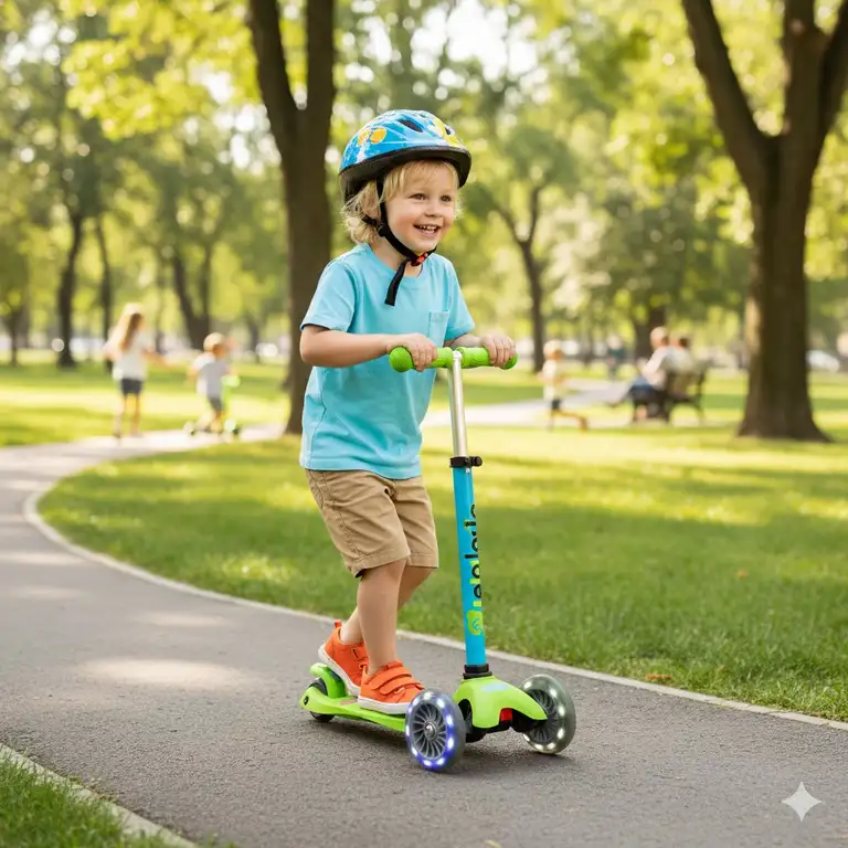 A five-year-old happily riding the best 3 wheel scooters for 5 year olds in a park, demonstrating balance and fun.