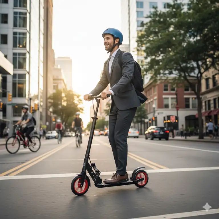 Best adult push scooter for commuting, featuring large wheels and dual suspension on a city street.