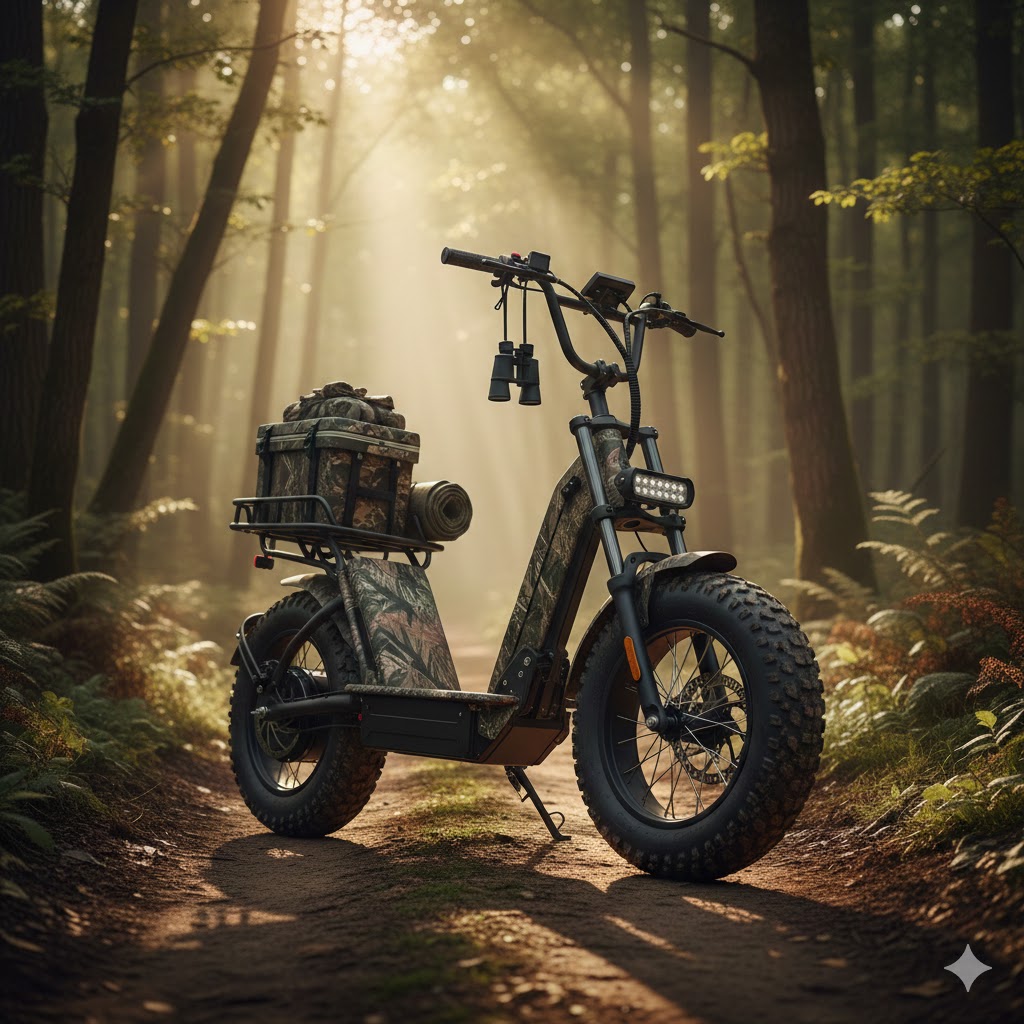 Electric hunting scooter parked on a forest trail, showcasing its rugged tires, gear rack, and camouflage design.