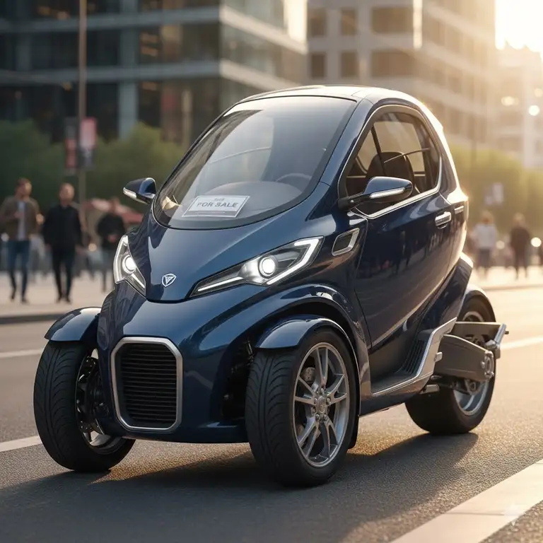 Front view of a new 3 wheel enclosed motorcycle for sale, showcasing its streamlined design and weather protection.