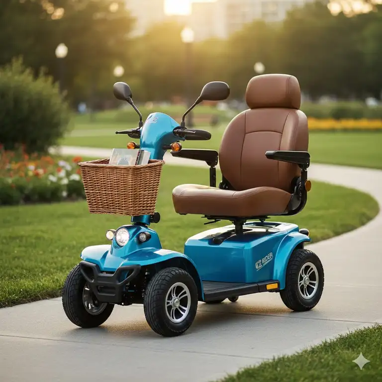 A brightly colored ez rider scooter parked on a sidewalk, emphasizing the comfortable seat and large tires for a smooth ride.