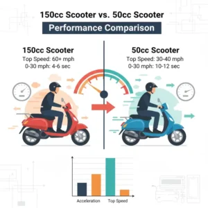 Graphic comparing the acceleration and top speed of a 150cc street legal scooter versus a 50cc model.