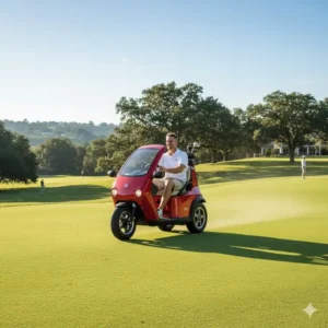 A compact 3-wheel electric golf buggy easily navigating a sloping fairway.