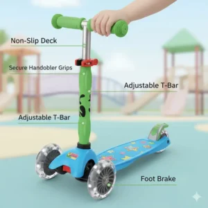 Close-up on the safety features of a 3 wheel scooters for 5 year olds, including the non-slip deck and secure handlebar grips.