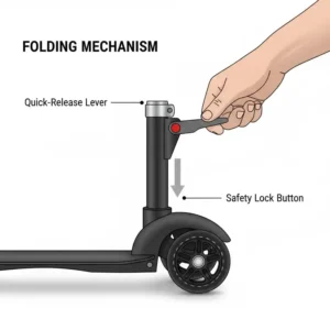 Close-up diagram illustrating the folding mechanism on the T-bar of the 3 wheel scooter foldable, showing the quick-release lever.