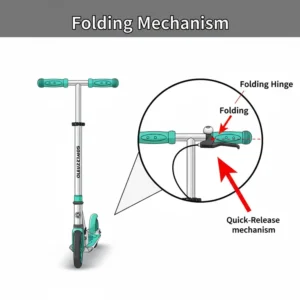 Close-up diagram illustrating the folding mechanism of a regular scooter, showing the quick-release lever.