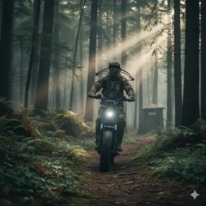 Hunter silently riding a high-powered electric hunting scooter through dense woods to reach a remote blind.