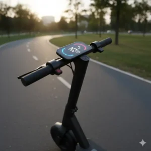 Close-up view of the sturdy deck and LED display on this premium scooter.