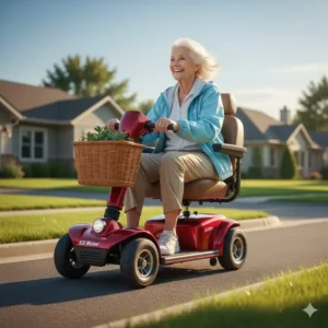 A happy person riding the ez rider scooter down a neighborhood street, showcasing its ease of use.