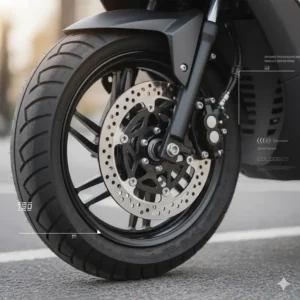 Close-up view of the front disc brake system on a typical 150cc street legal scooter for improved safety.
