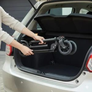 The 3 wheel scooter foldable in its compact, fully folded position, easily fitting into the trunk of a small car for travel.