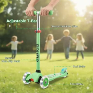 Image showing the adjustable T-bar handlebar mechanism on a 3 wheel scooters for 5 year olds, highlighting how it grows with a child.
