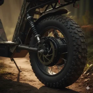 Close-up view of the rear hub motor and heavy-duty suspension system on an all-terrain electric hunting scooter for hunting.