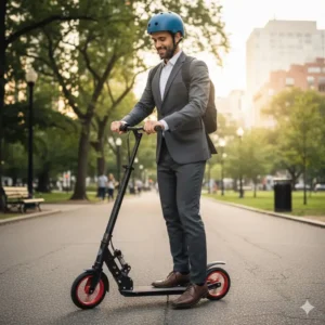 Man easily folding a lightweight, portable adult push scooter for travel and storage.