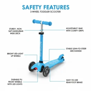 Diagram highlighting key safety features on a 3 wheel scooter for 2 year old, including the stable turning mechanism and easy-to-use rear brake.