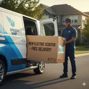 Large, securely packaged box containing the new scooter, available with fast and free shipping.