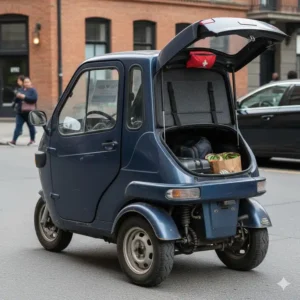 Side profile of a used model of 3 wheel enclosed motorcycle for sale, emphasizing its compact size and stability on the road.
