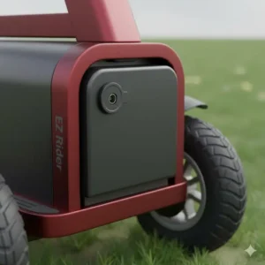 Close-up of the long-lasting lithium-ion battery pack on the ez rider scooter and its charging port.