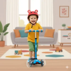 Young boy learning to steer his blue 3 wheel scooter for 2 year old indoors, demonstrating the stability of the design.