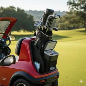 Convenient golf bag holder and ample storage space on the 3-wheel electric golf buggy.